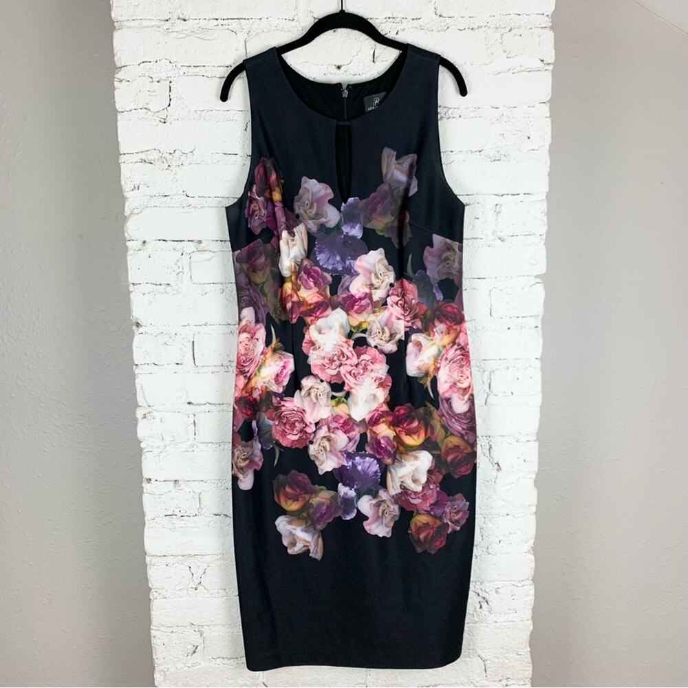 Adrianna Papell Tumbling Rose Scuba Sheath Dress Black Purple 14